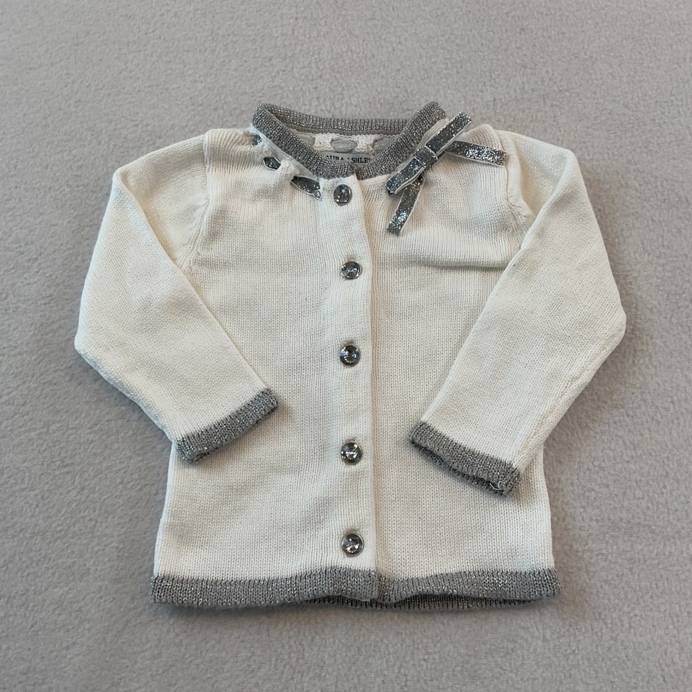 Laura Ashley Kids White Silver Metallic Bow Cardigan Sweater 12 Months